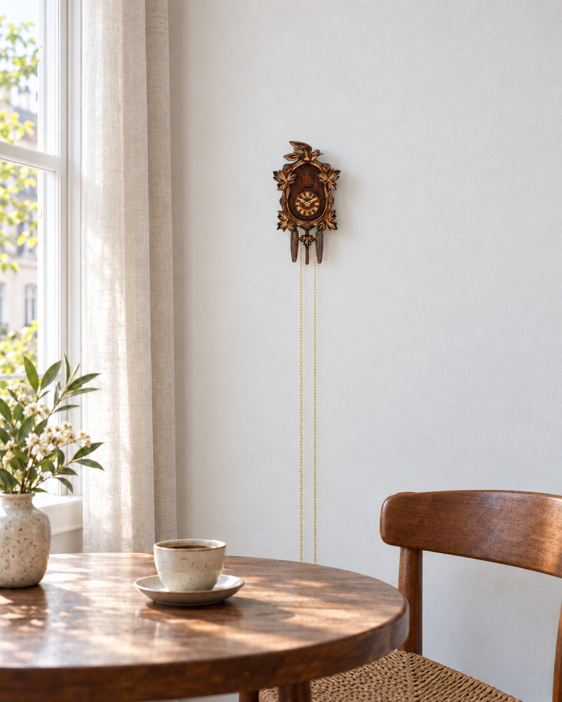Kuckucksuhr Avis Apicis von Anton Schneider, im Wohnzimmer an der Wand
