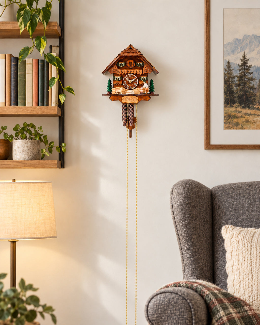 Kuckucksuhr Bergweide von Anton Schneider, im Wohnzimmer an der Wand