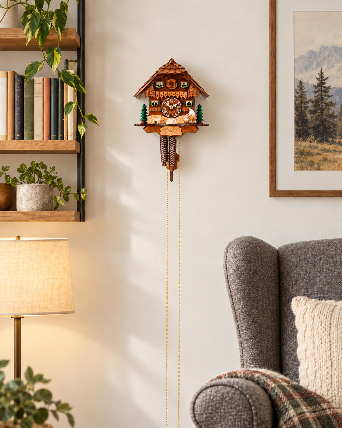 Kuckucksuhr Bergweide von Anton Schneider, im Wohnzimmer an der Wand