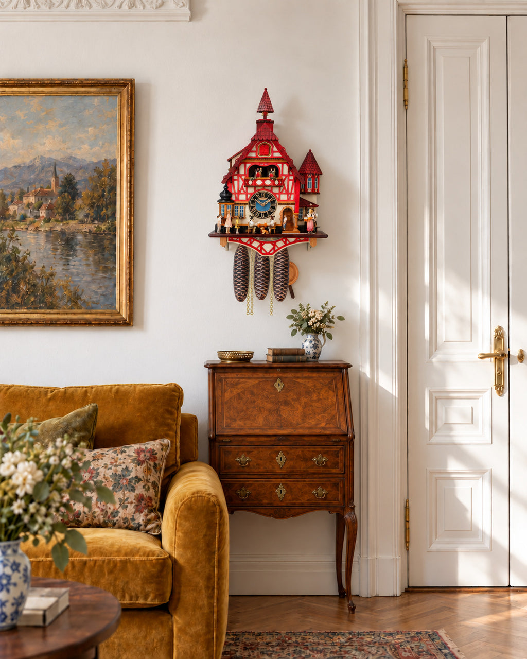 Kuckucksuhr Rathaus Allmannsdorf von Anton Schneider, im Wohnzimmer an der Wand