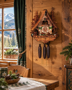 Kuckucksuhr Bärenuhr von Anton Schneider an einer Holzwand im Chalet