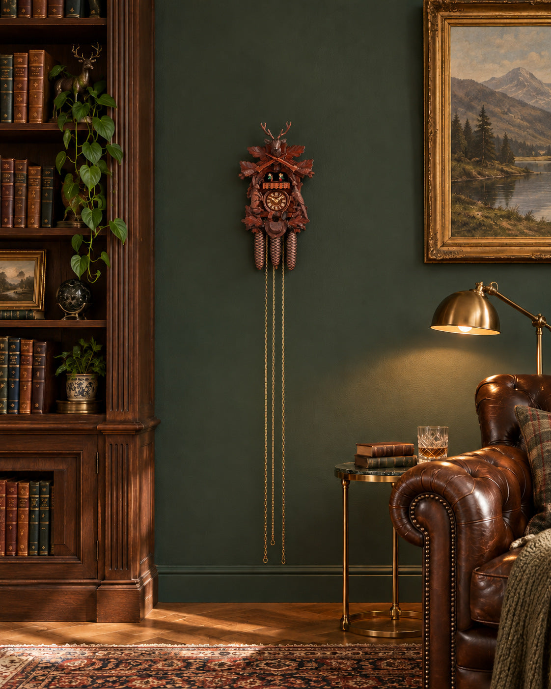 Kuckucksuhr Cervus Regalis von Anton Schneider, in der Bibliothek an der Wand