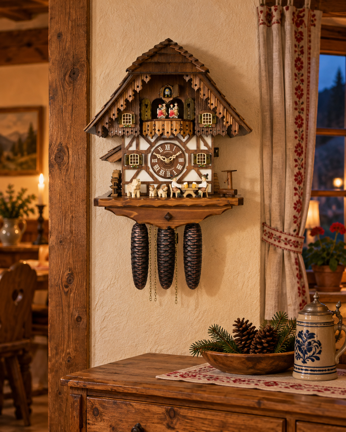 Kuckucksuhr Dorfabend von Anton Schneider im abendlichen Wohnraum