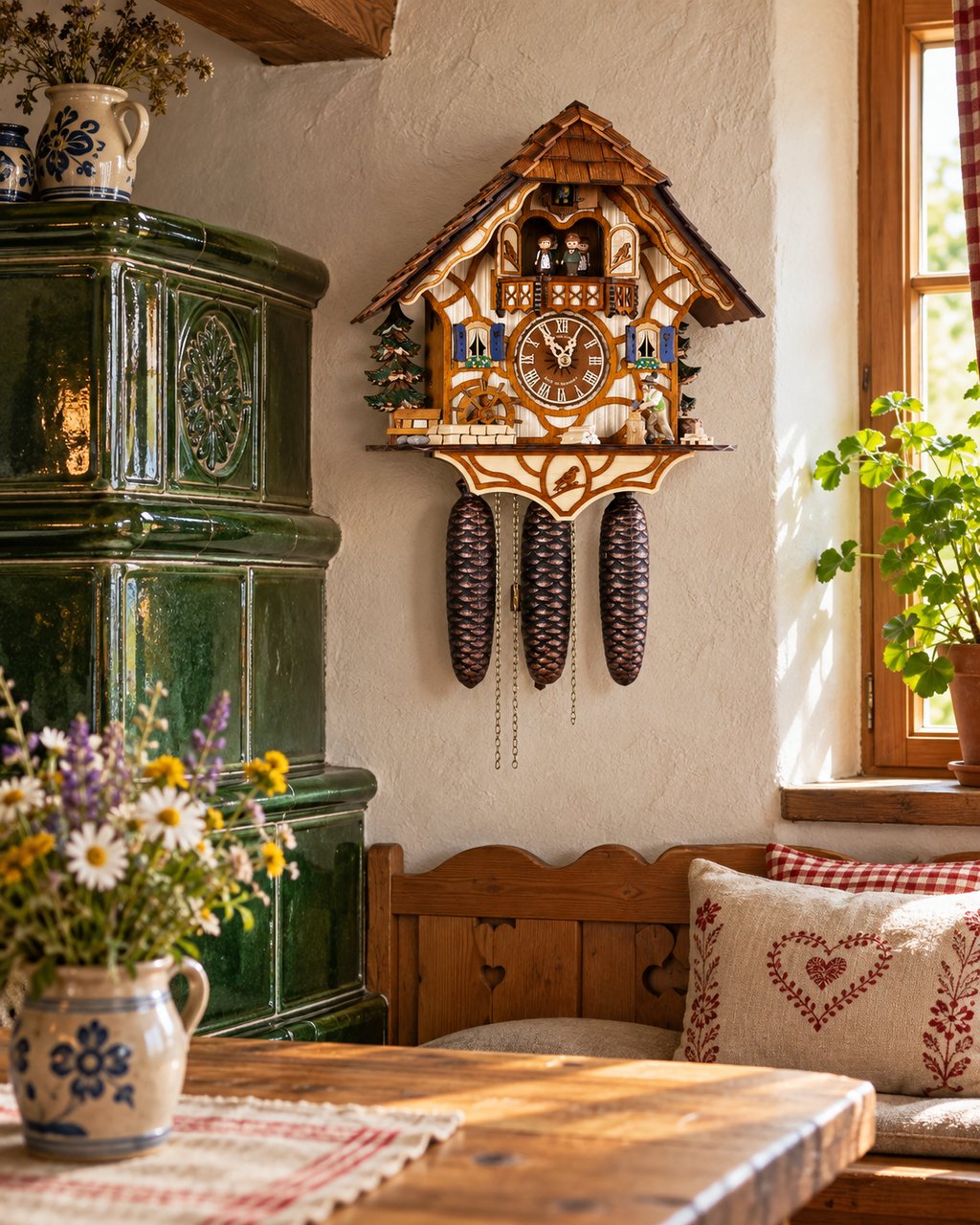 Kuckucksuhr Tannenchalet von Anton Schneider in der Stube neben dem Kachelofen