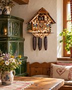 Kuckucksuhr Tannenchalet von Anton Schneider in der Stube neben dem Kachelofen