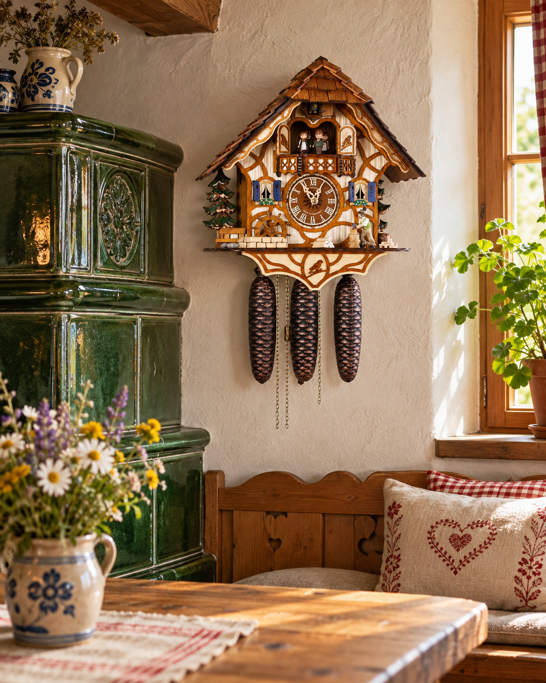 Kuckucksuhr Tannenchalet von Anton Schneider in der Stube neben dem Kachelofen